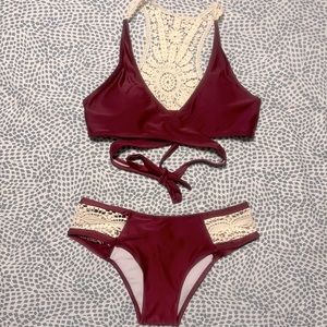 NWT Cupshe Burgundy Back Crochet Crisscross Bikini Set size Small